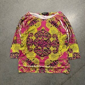 Absolutely Famous Baroque Leopard Print Rhinestone Top Magenta Yellow Large